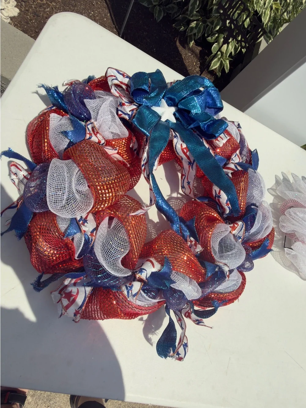 Patriotic Red White Blue Decorative Distressed Wreath with Bow